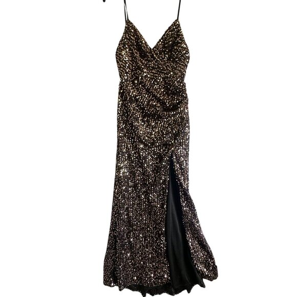 Ieena for Mac Duggal Bronze Sequin Ruched High Slit Gown Size 2 NWT Style# 55700 - Picture 3 of 14